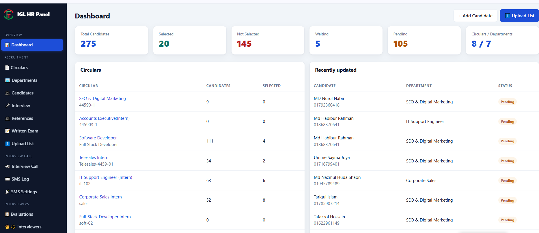 Dashboard interview page